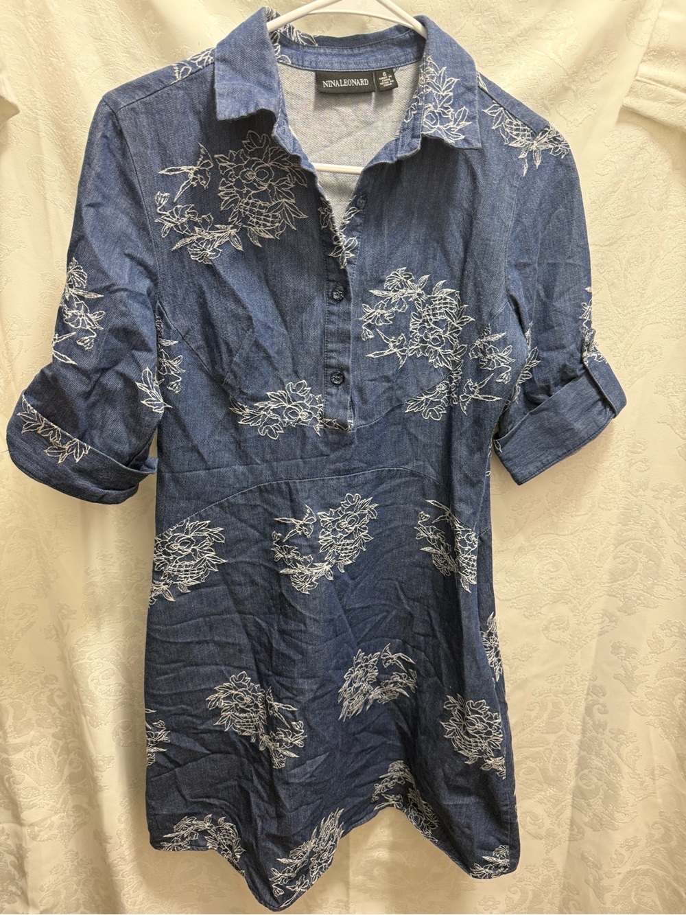 Nina Leonard Blue Denim Floral Embroidered Shirt Dress